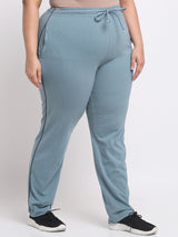 plusS Women Plus Size Blue Typography Printed Mid Rise Cotton Track Pants