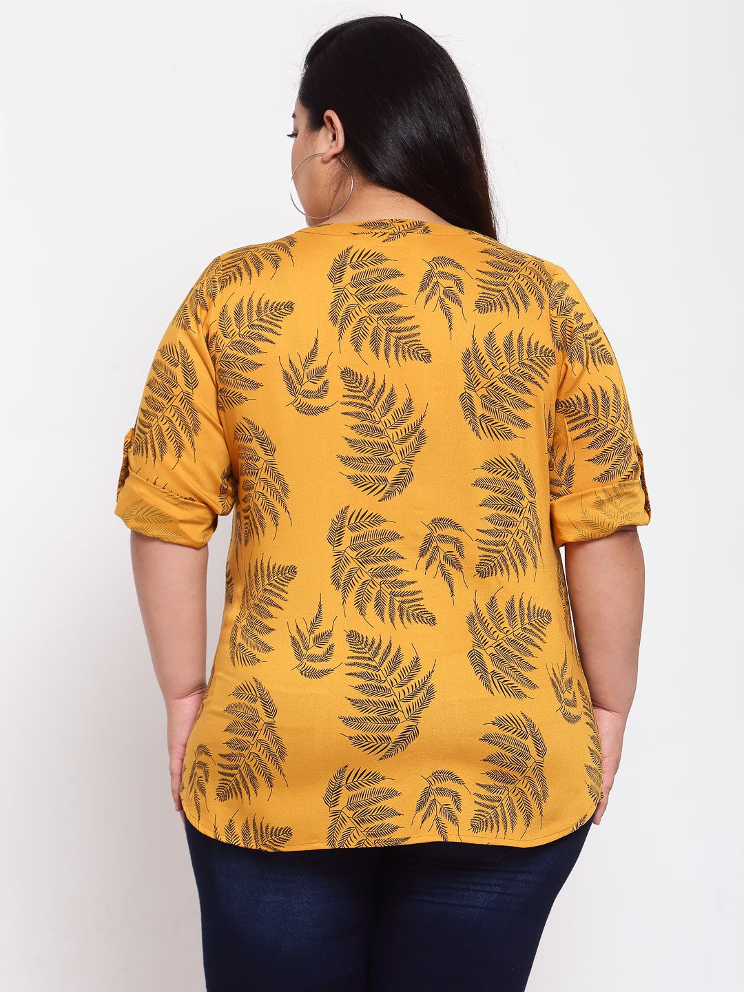 plusS Mustard Yellow  Black Floral Mandarin Collar Tropical Shirt Style Top