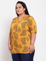 plusS Mustard Yellow  Black Floral Mandarin Collar Tropical Shirt Style Top