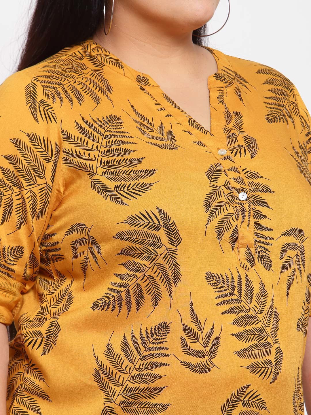 plusS Mustard Yellow  Black Floral Mandarin Collar Tropical Shirt Style Top