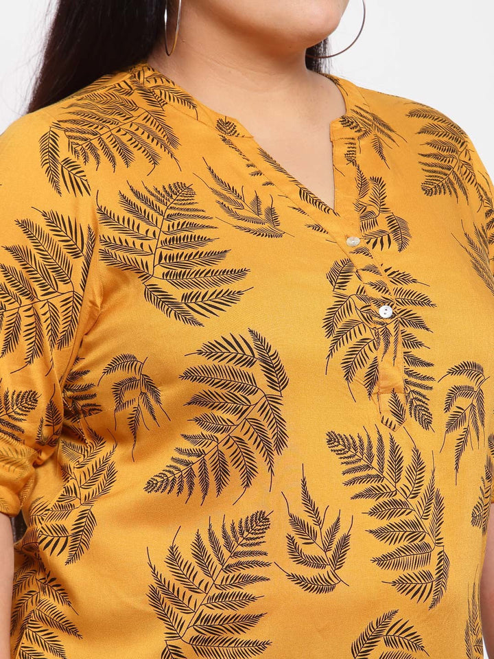 plusS Mustard Yellow  Black Floral Mandarin Collar Tropical Shirt Style Top