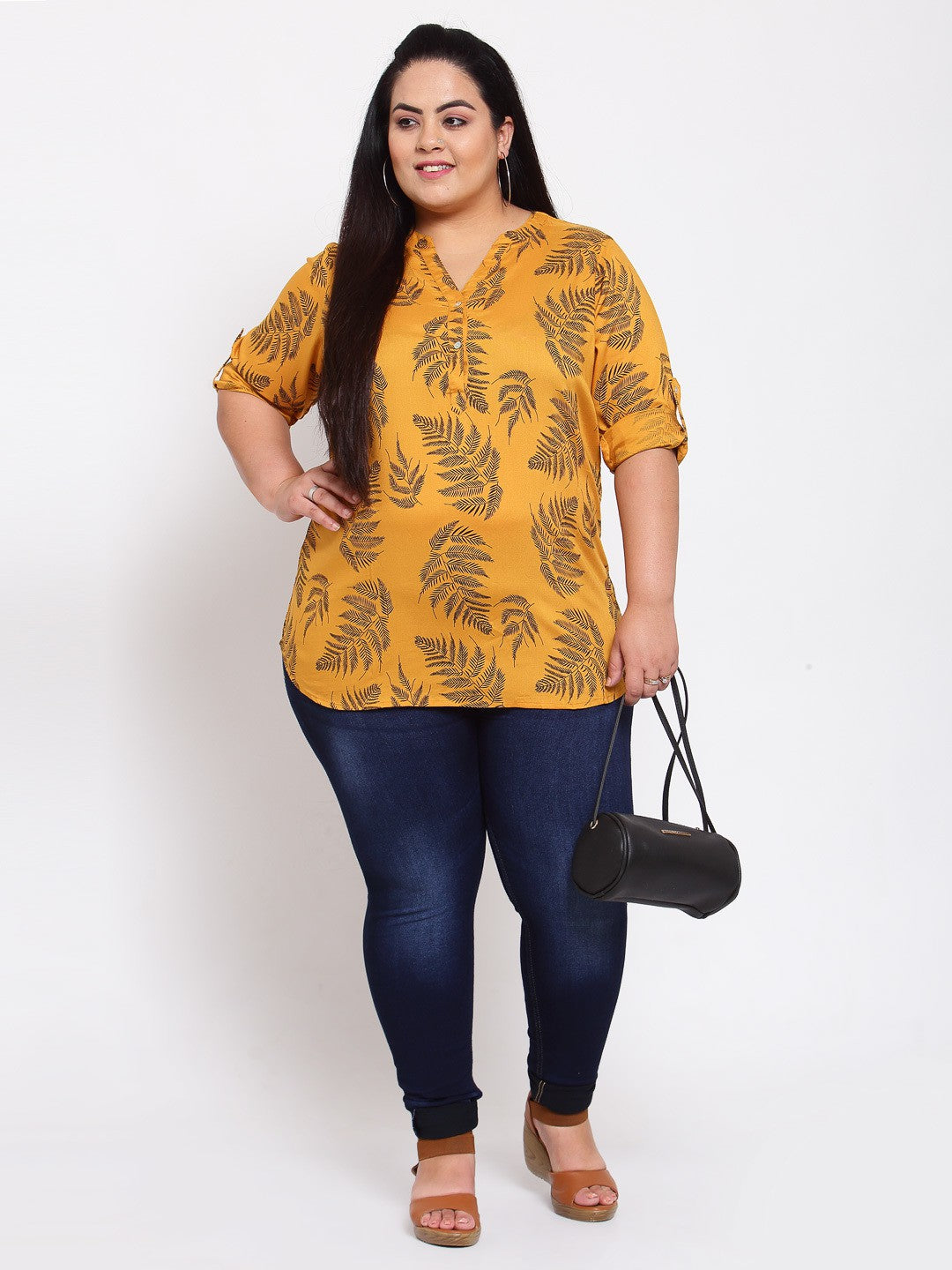 plusS Mustard Yellow  Black Floral Mandarin Collar Tropical Shirt Style Top