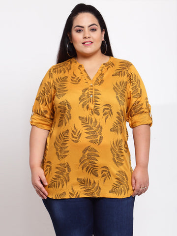 plusS Mustard Yellow  Black Floral Mandarin Collar Tropical Shirt Style Top