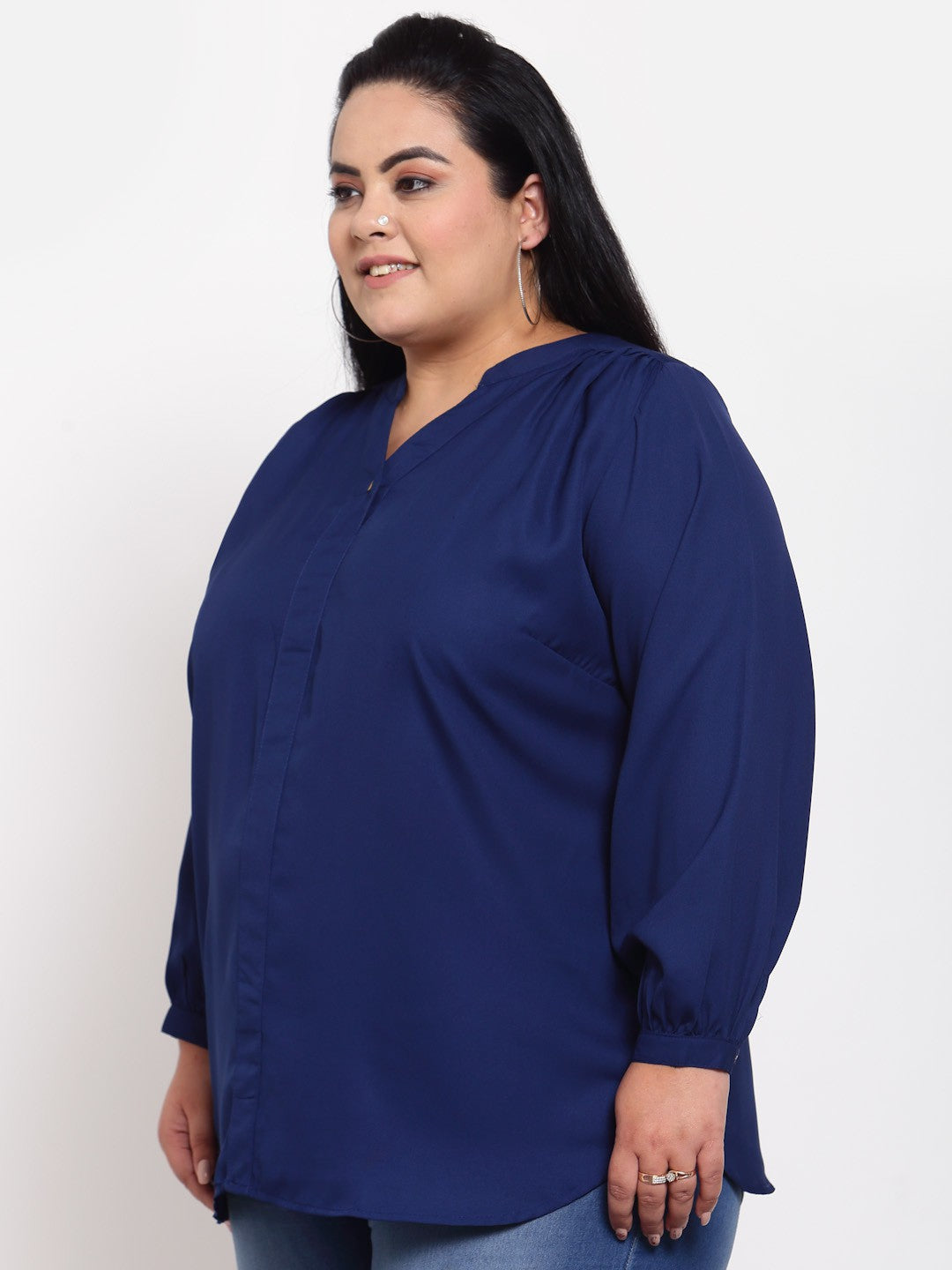 plusS Blue Mandarin Collar Shirt Style Top