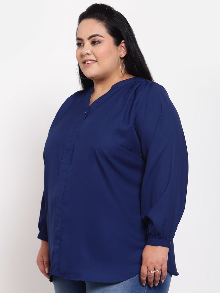 plusS Blue Mandarin Collar Shirt Style Top