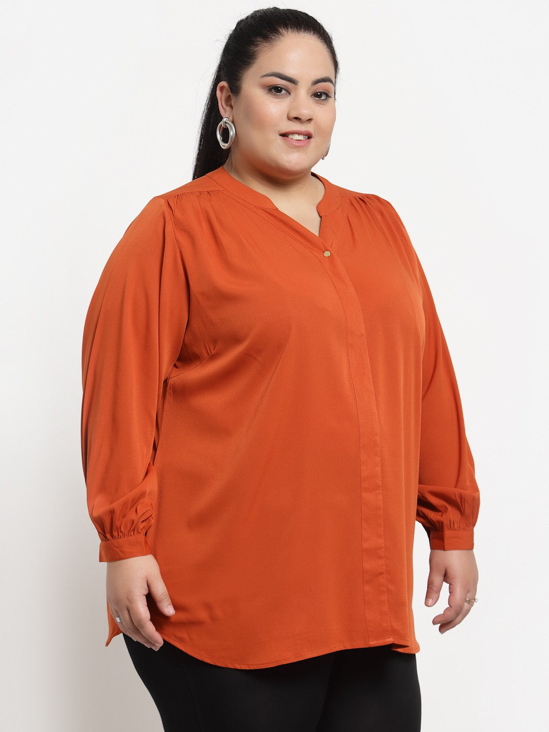 plusS Orange Mandarin Collar Shirt Style Top