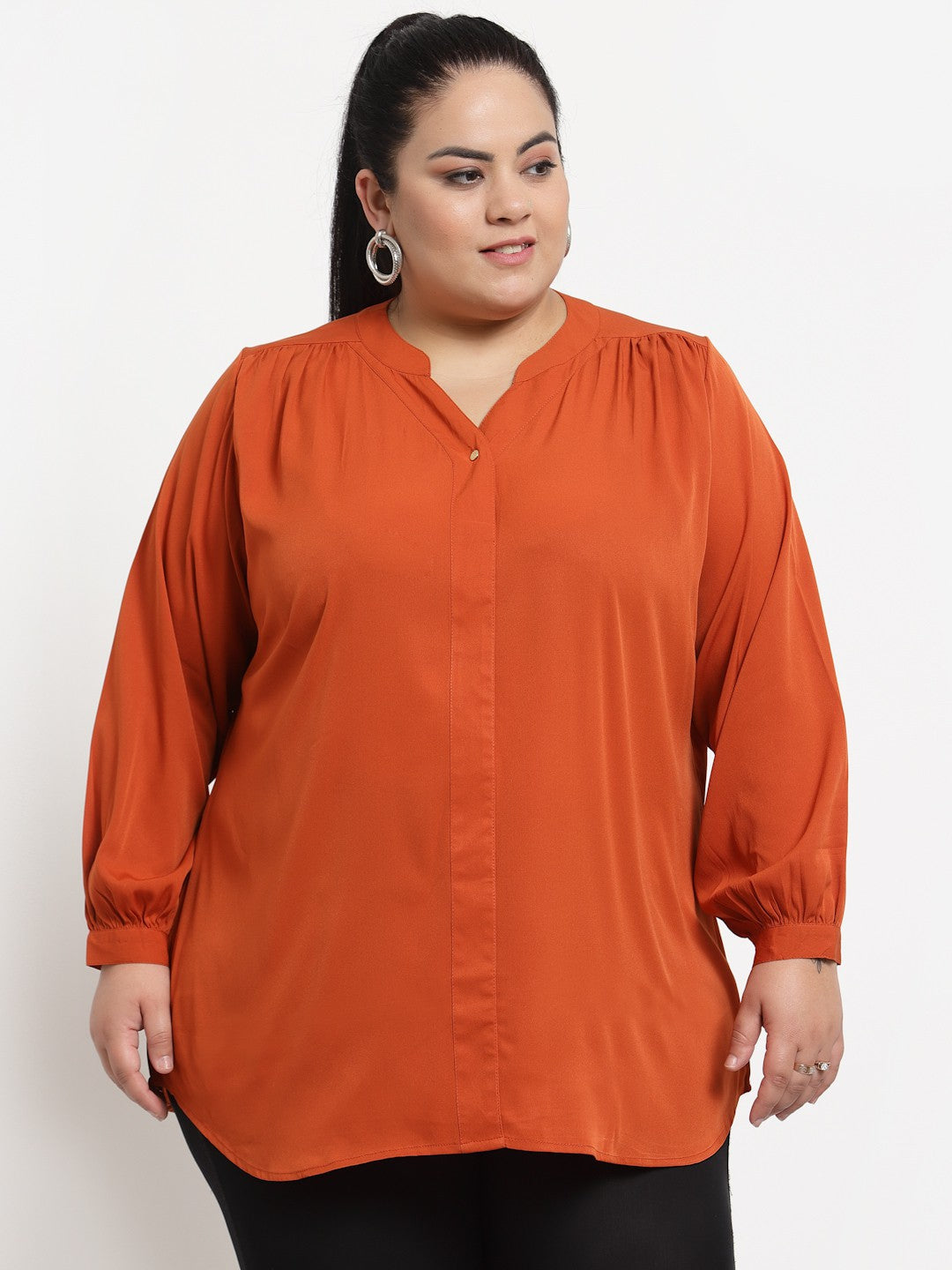 plusS Orange Mandarin Collar Shirt Style Top