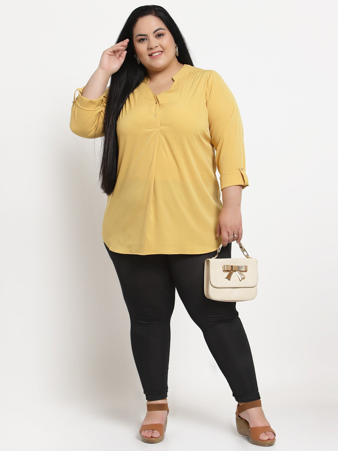 plusS Yellow Mandarin Collar Top