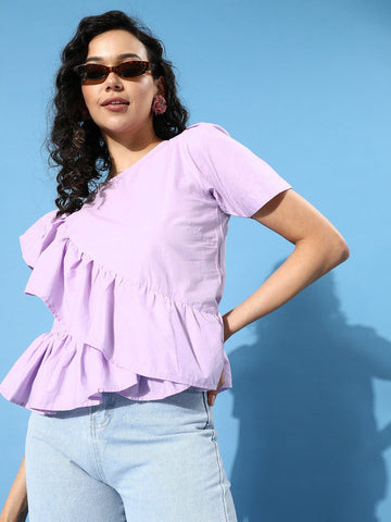 Elegant Lavender Solid Ruffled Top