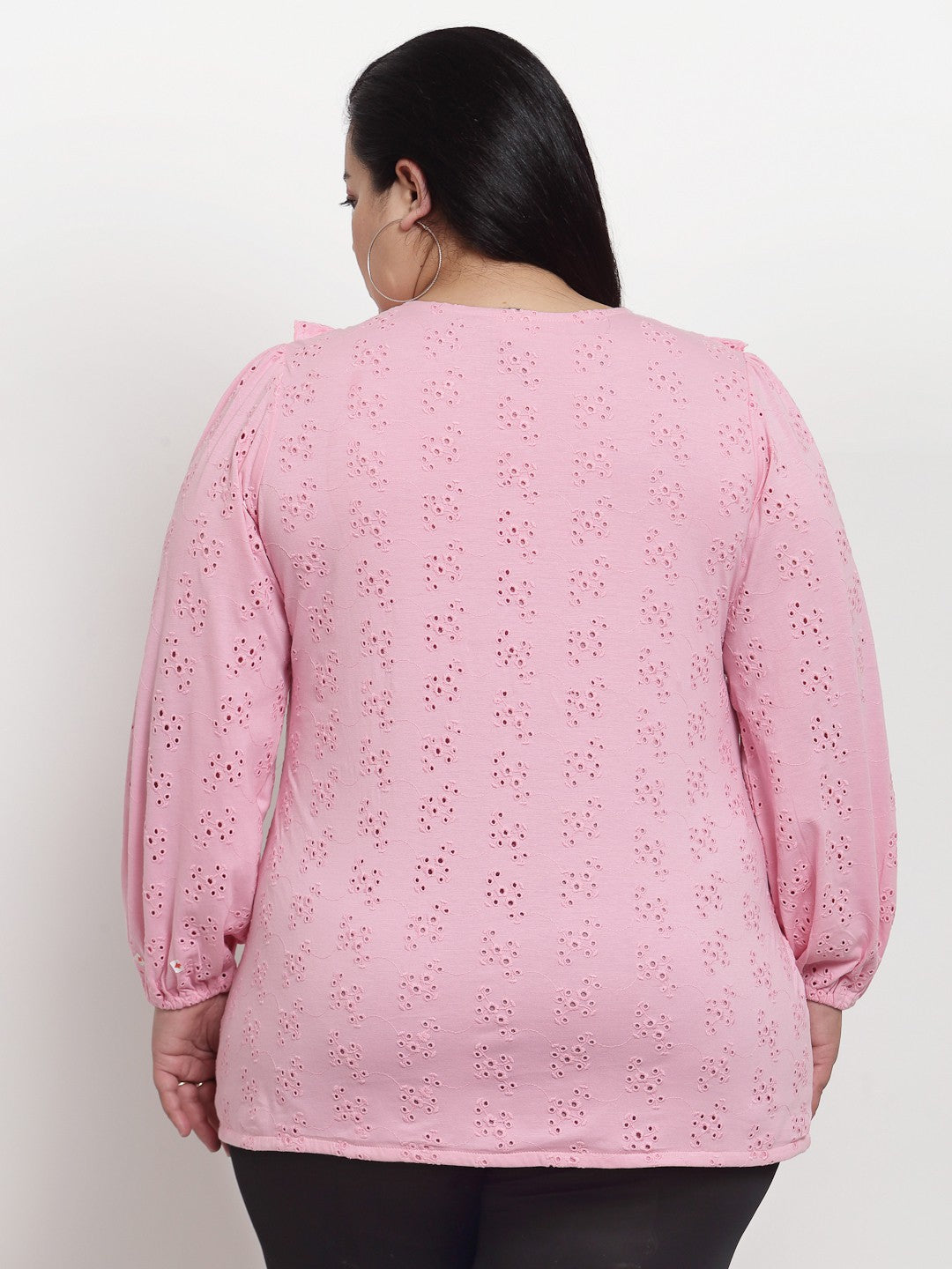 plusS Pink Self Design Tie-Up Neck Bishop Sleeves Ruffled Schiffli Cotton Lace Regular Top