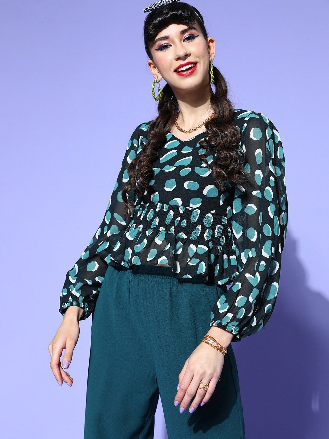 Green Geometric Print Puff Sleeves Peplum Top