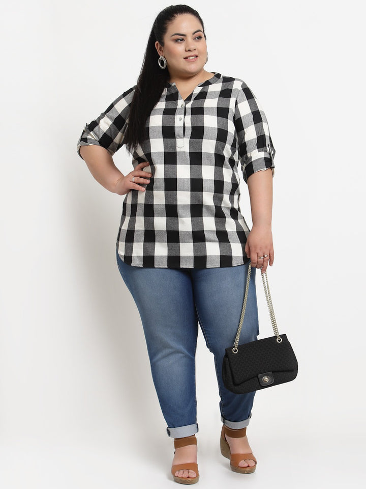 plusS Black Checked Mandarin Collar Shirt Style Top