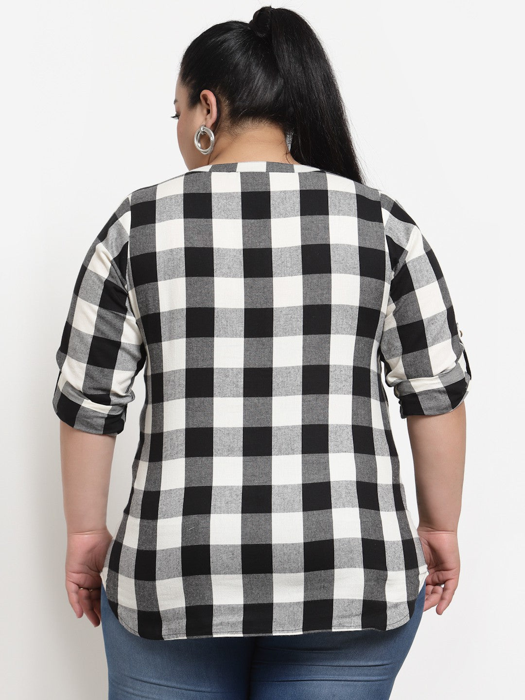 plusS Black Checked Mandarin Collar Shirt Style Top