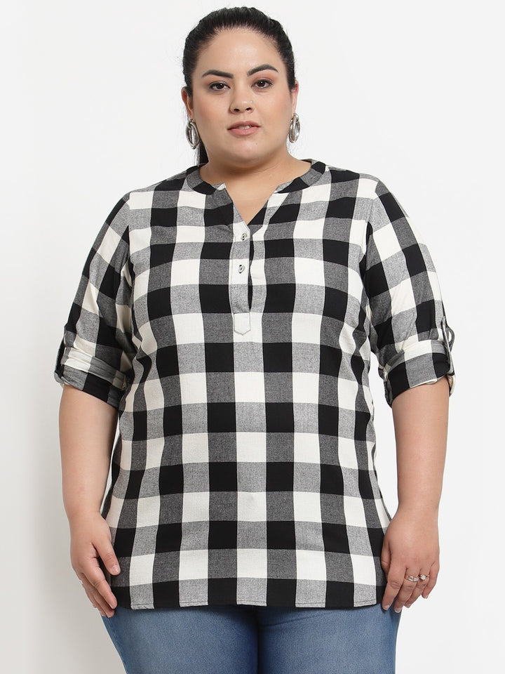 plusS Black Checked Mandarin Collar Shirt Style Top