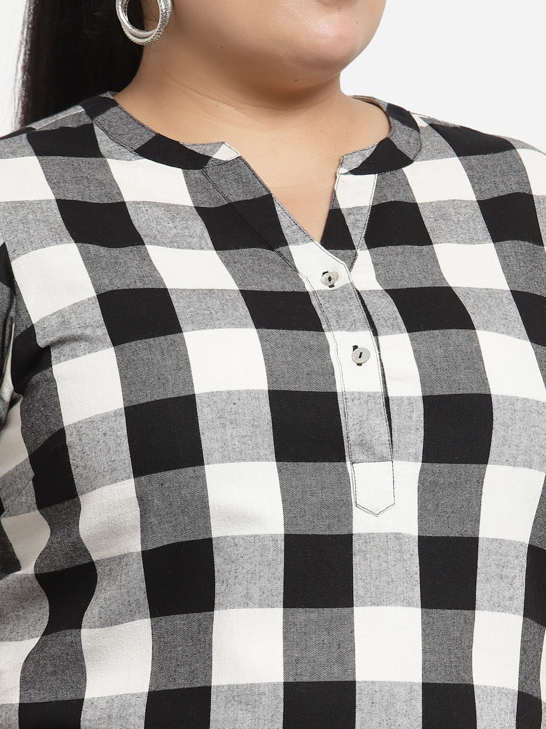 plusS Black Checked Mandarin Collar Shirt Style Top