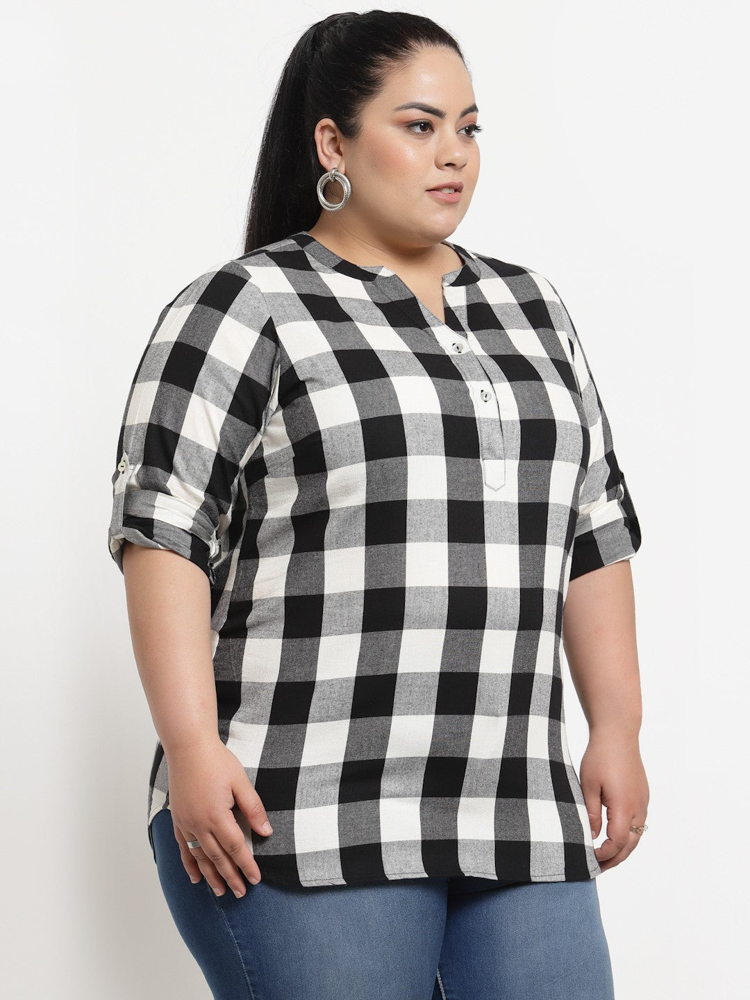 plusS Black Checked Mandarin Collar Shirt Style Top