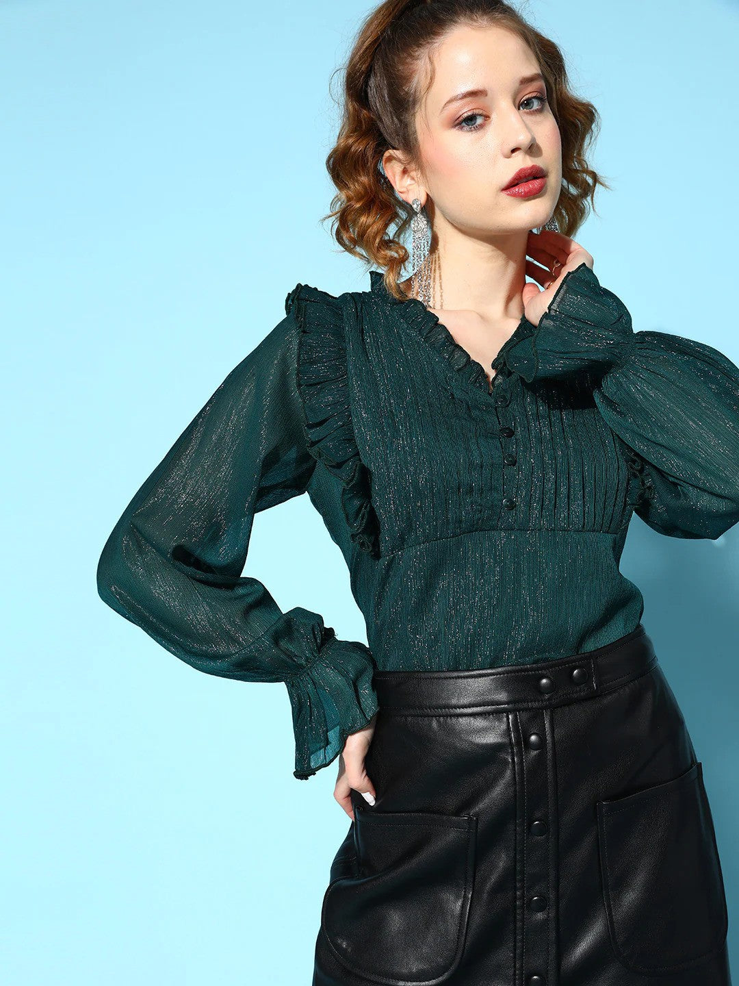 plusS Teal Bishop Sleeves Ruffles Georgette Top