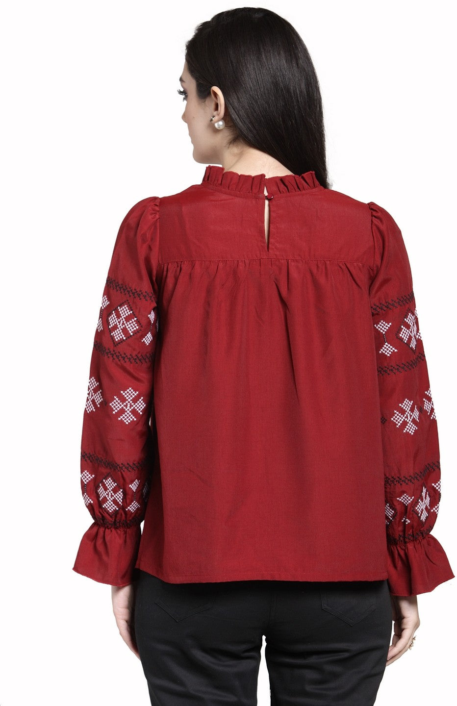 plusS Maroon Geometric Embroidered Boxy Top