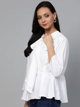 plusS Women White Solid A-Line Pure Cotton Top with Neck Tie-Up