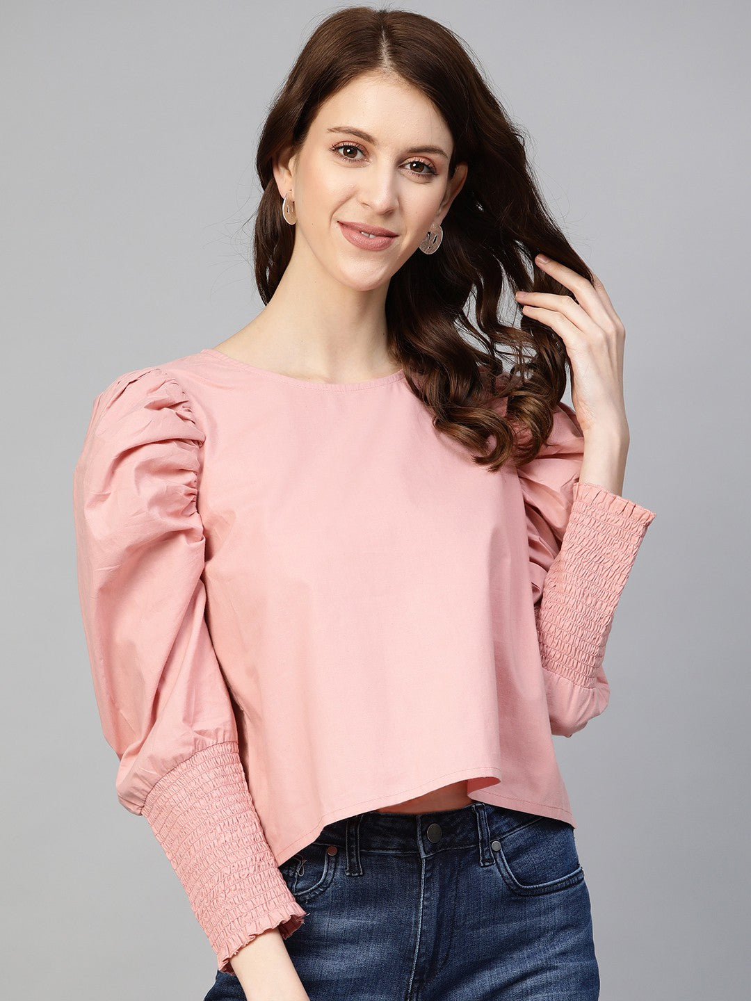 Pink Solid Boxy Pure Cotton Top with Smocking Detail