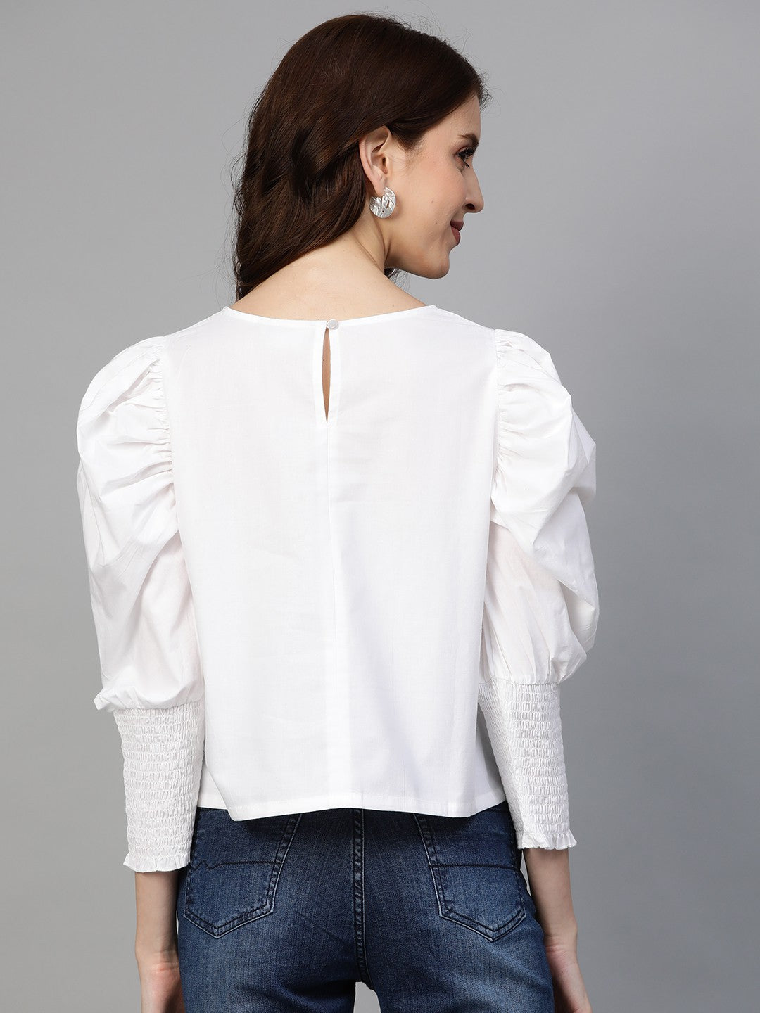 plusS Women White Solid Boxy Pure Cotton Top with Smocking Detail