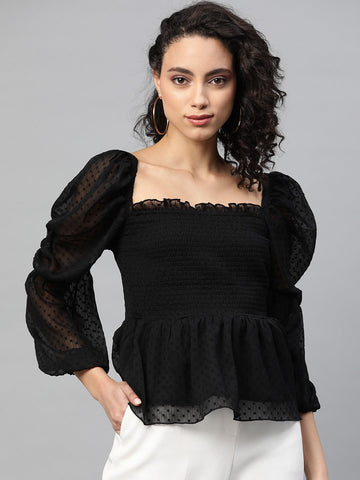 Black Self-Design Smocked Peplum Top