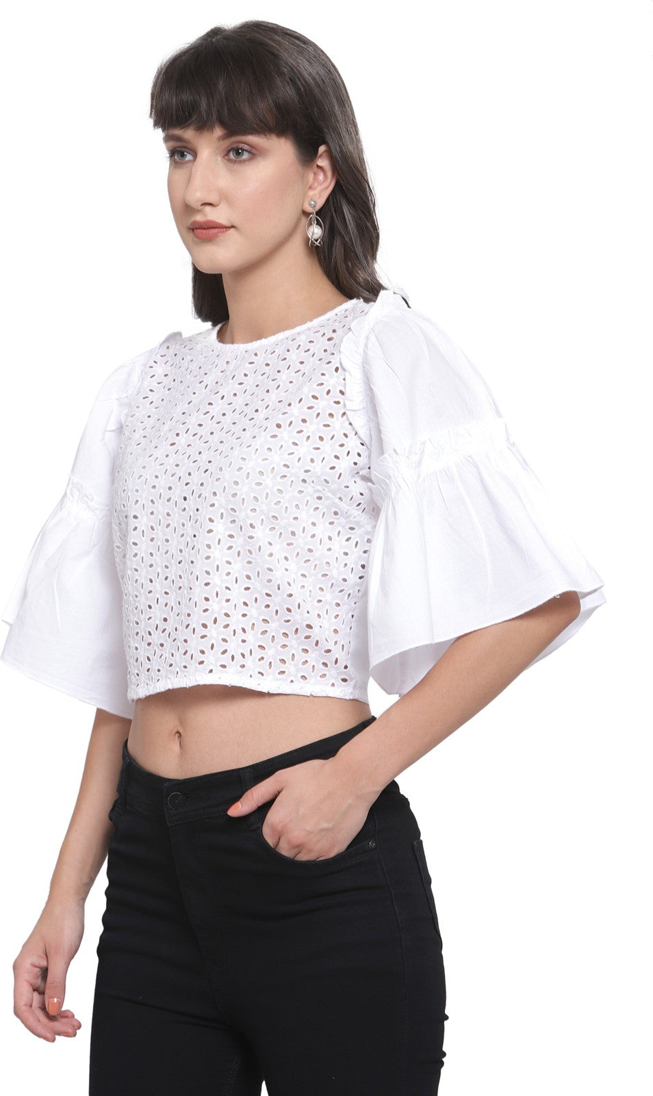 plusS White Embroidered Bell Sleeves Pure Cotton Schiffli Ruffled Regular Top