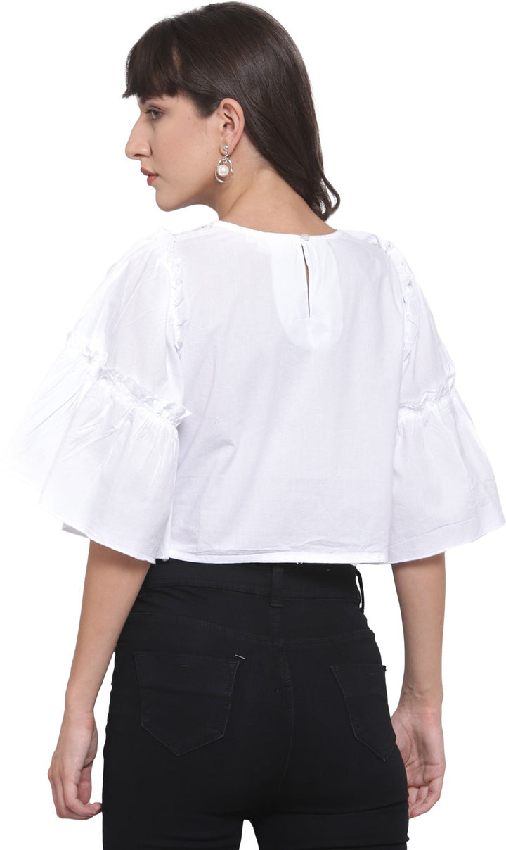 plusS White Embroidered Bell Sleeves Pure Cotton Schiffli Ruffled Regular Top