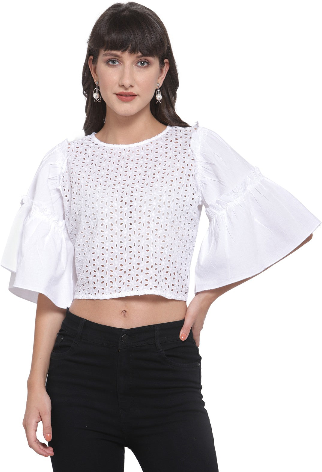 plusS White Embroidered Bell Sleeves Pure Cotton Schiffli Ruffled Regular Top