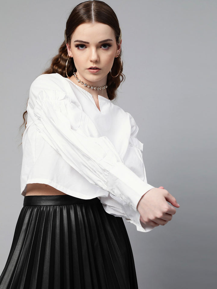 plusS Sophisticated White Solid Ruched Sleeves Crop Top