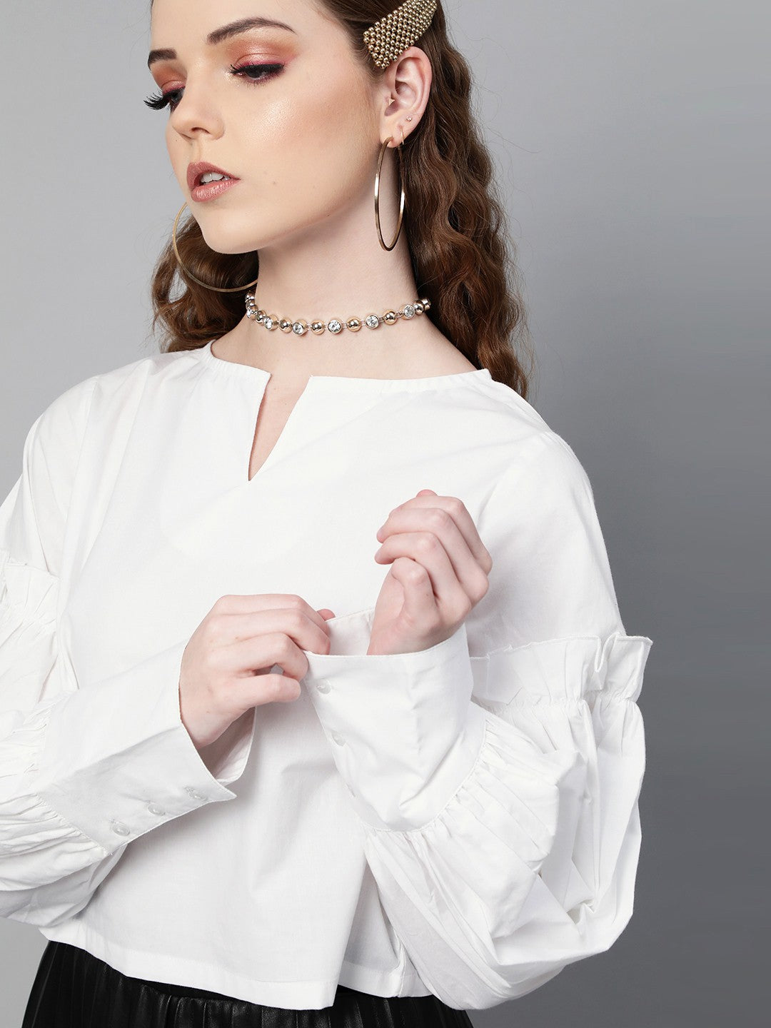 plusS Sophisticated White Solid Ruched Sleeves Crop Top