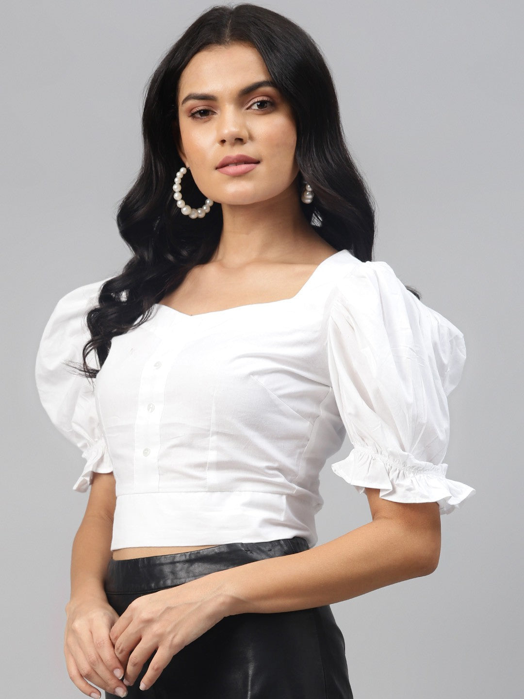 plusS Captivating White Solid Smocked Crop Top