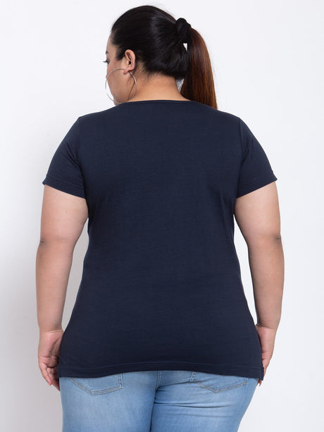 Plus Size Navy Blue Solid Round Neck Cotton T-shirt with Embellished Detail