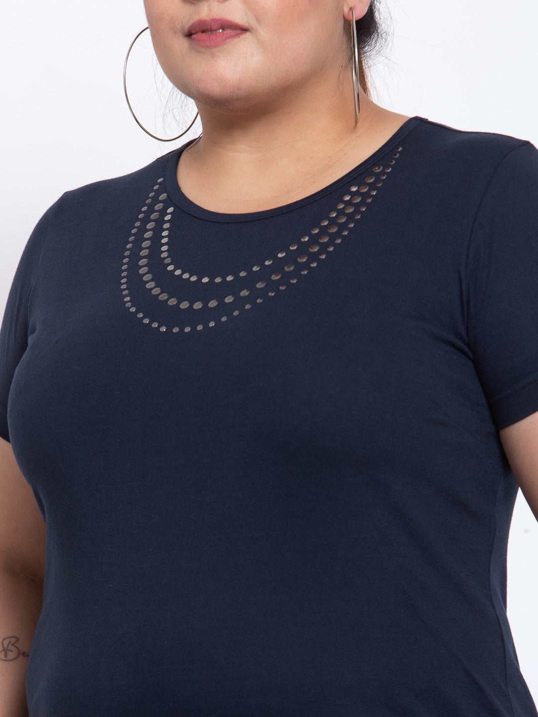 Plus Size Navy Blue Solid Round Neck Cotton T-shirt with Embellished Detail