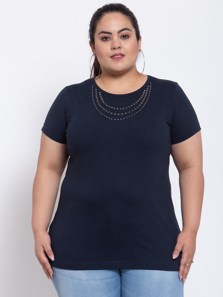 Plus Size Navy Blue Solid Round Neck Cotton T-shirt with Embellished Detail