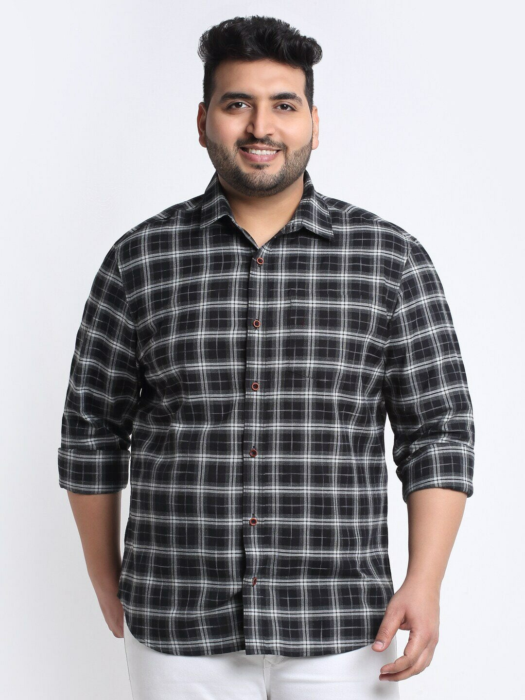 plusS Men Black Tartan Checked Cotton Casual Shirt