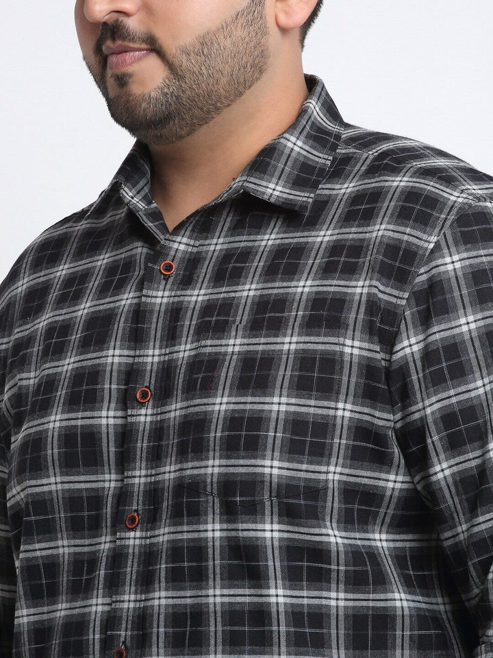 plusS Men Black Tartan Checked Cotton Casual Shirt