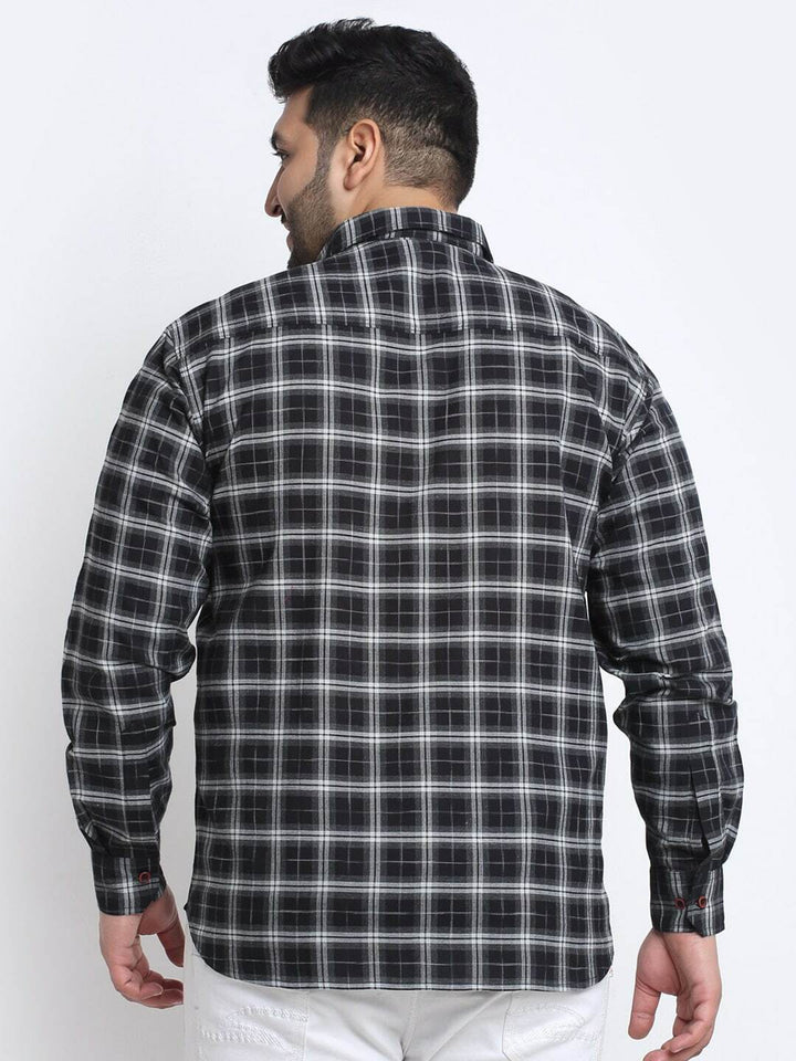 plusS Men Black Tartan Checked Cotton Casual Shirt