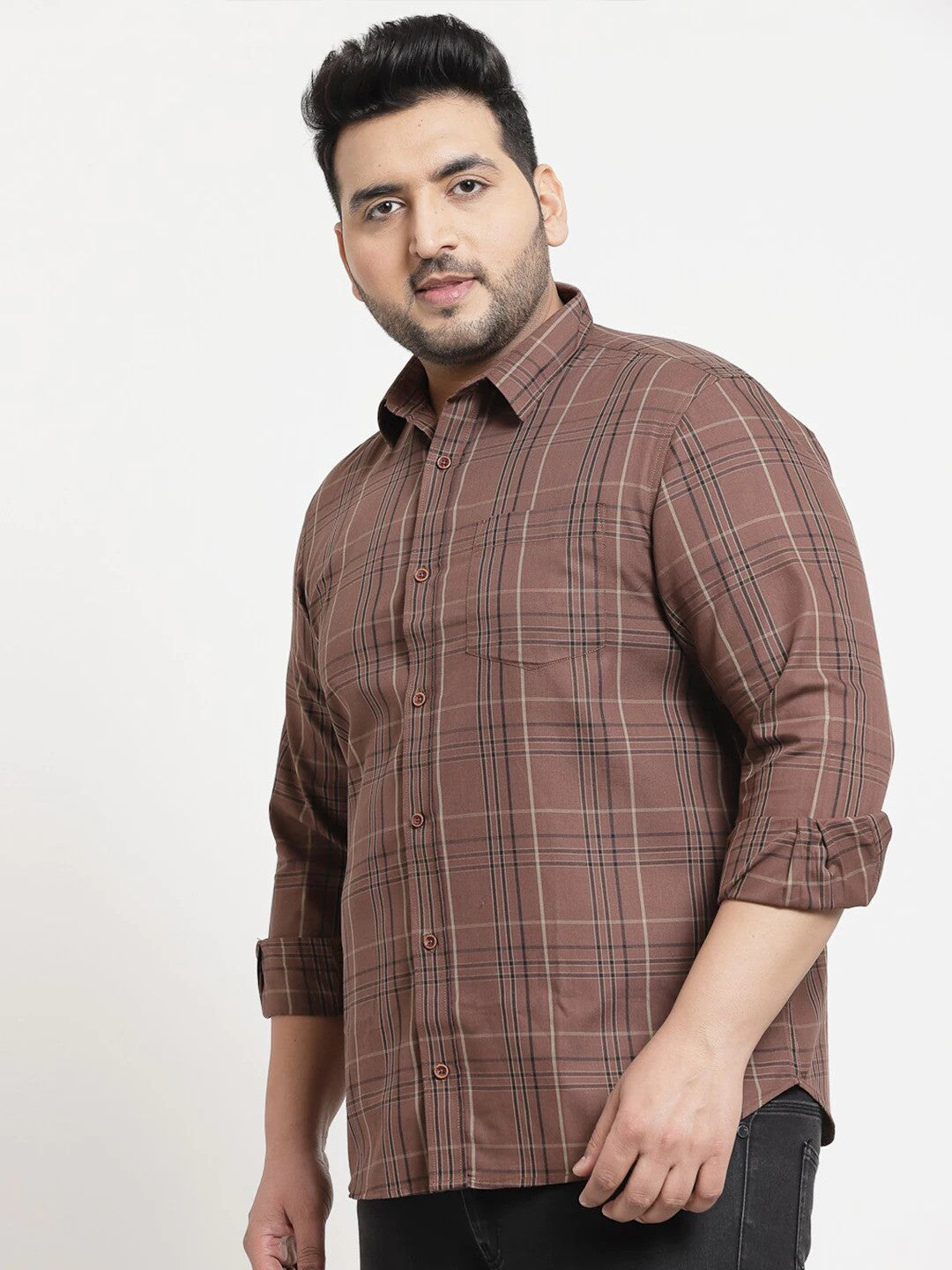 plusS Men Brown Tartan Checks Checked Cotton Casual Shirt