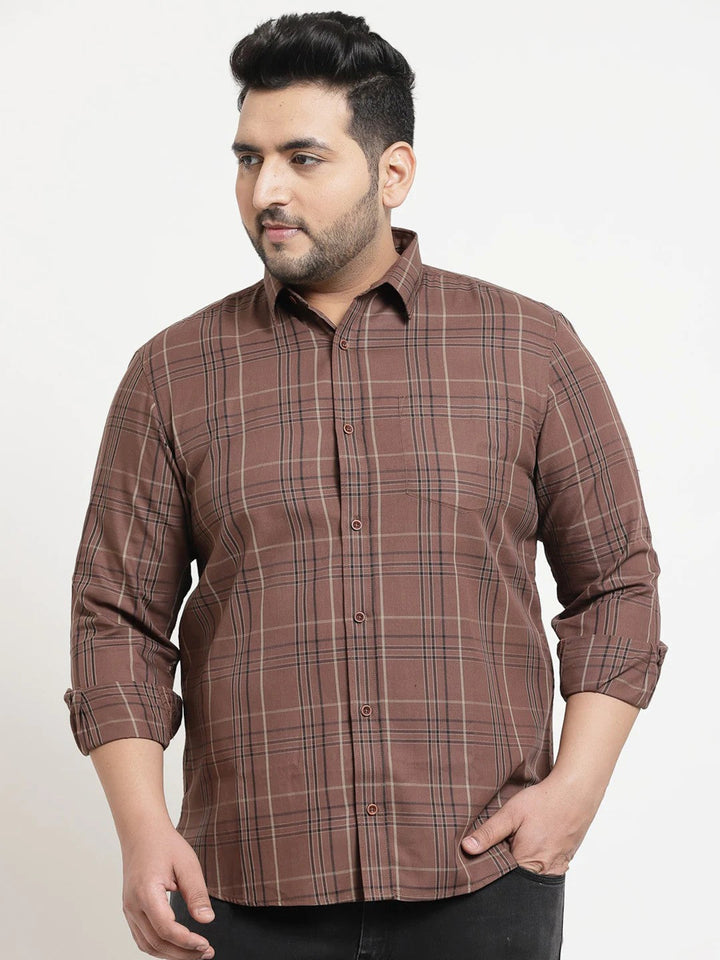 plusS Men Brown Tartan Checks Checked Cotton Casual Shirt