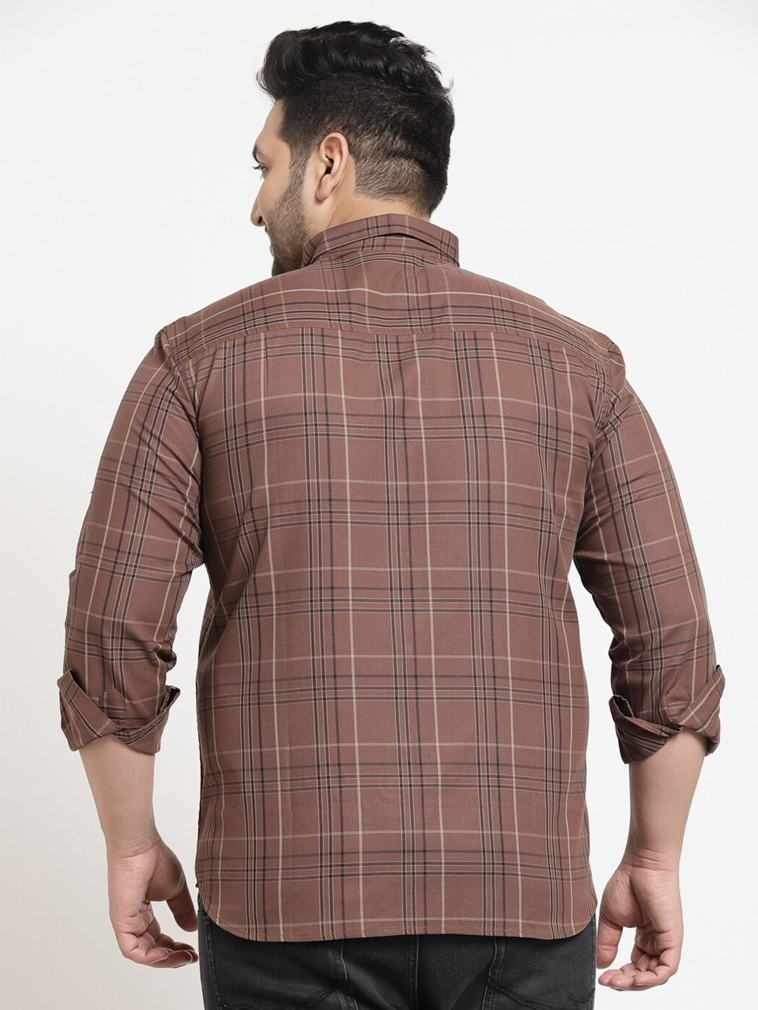 plusS Men Brown Tartan Checks Checked Cotton Casual Shirt