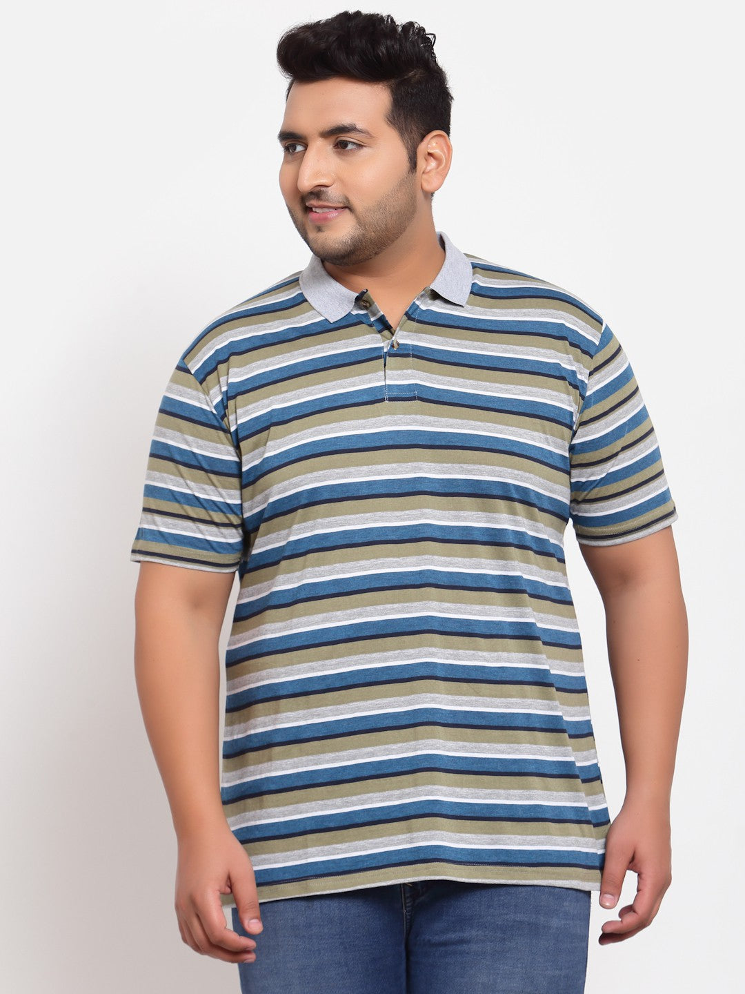 plusS Men Multicoloured Striped Polo Collar  T-shirt