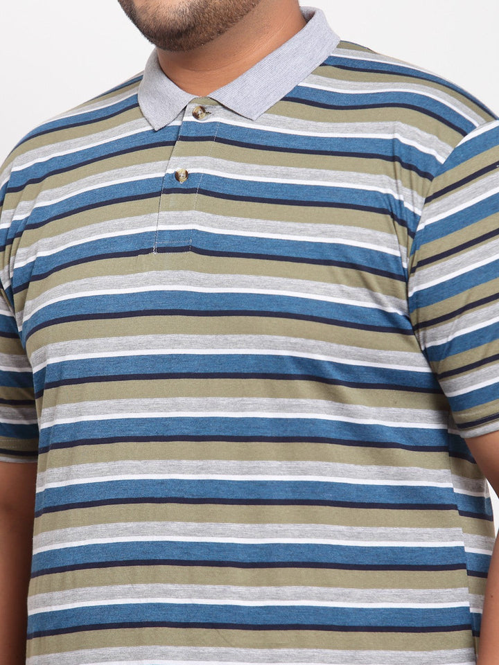 plusS Men Multicoloured Striped Polo Collar  T-shirt