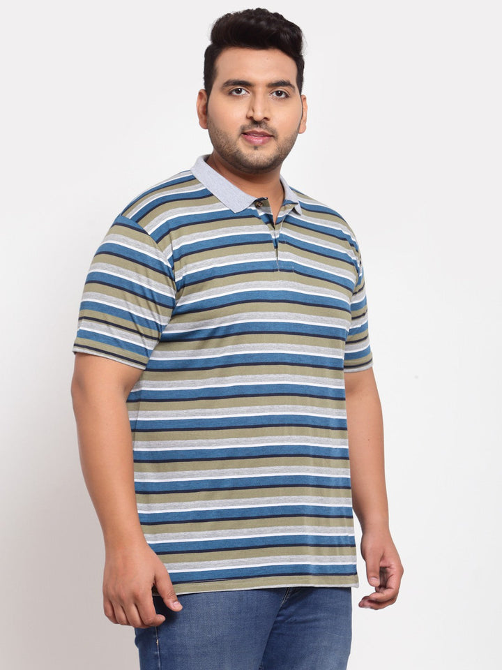 plusS Men Multicoloured Striped Polo Collar  T-shirt