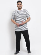 plusS Men White Striped Polo Collar Pockets T-shirt