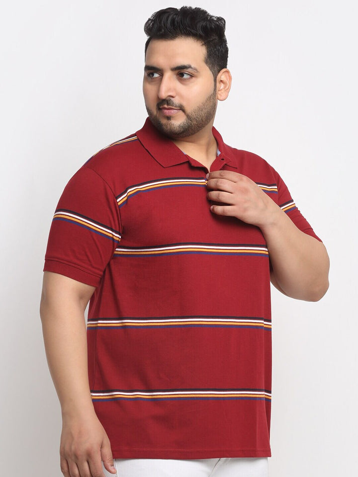 plusS Red Striped Polo Collar Cotton T-Shirt