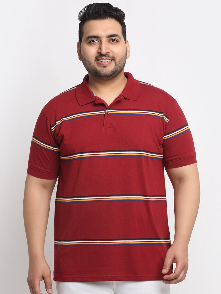 plusS Red Striped Polo Collar Cotton T-Shirt