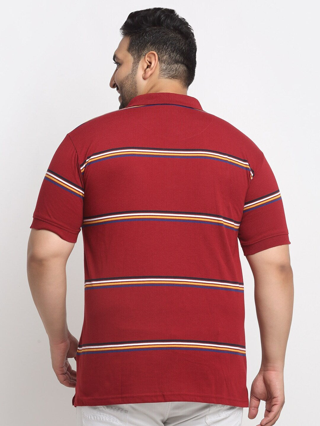 plusS Red Striped Polo Collar Cotton T-Shirt