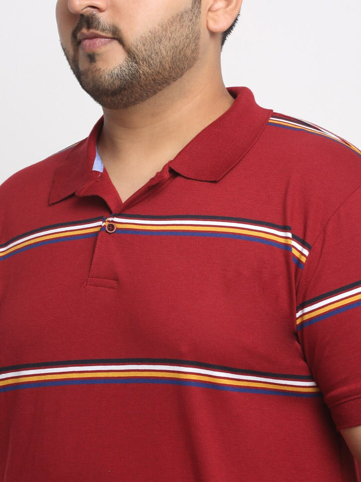 plusS Red Striped Polo Collar Cotton T-Shirt