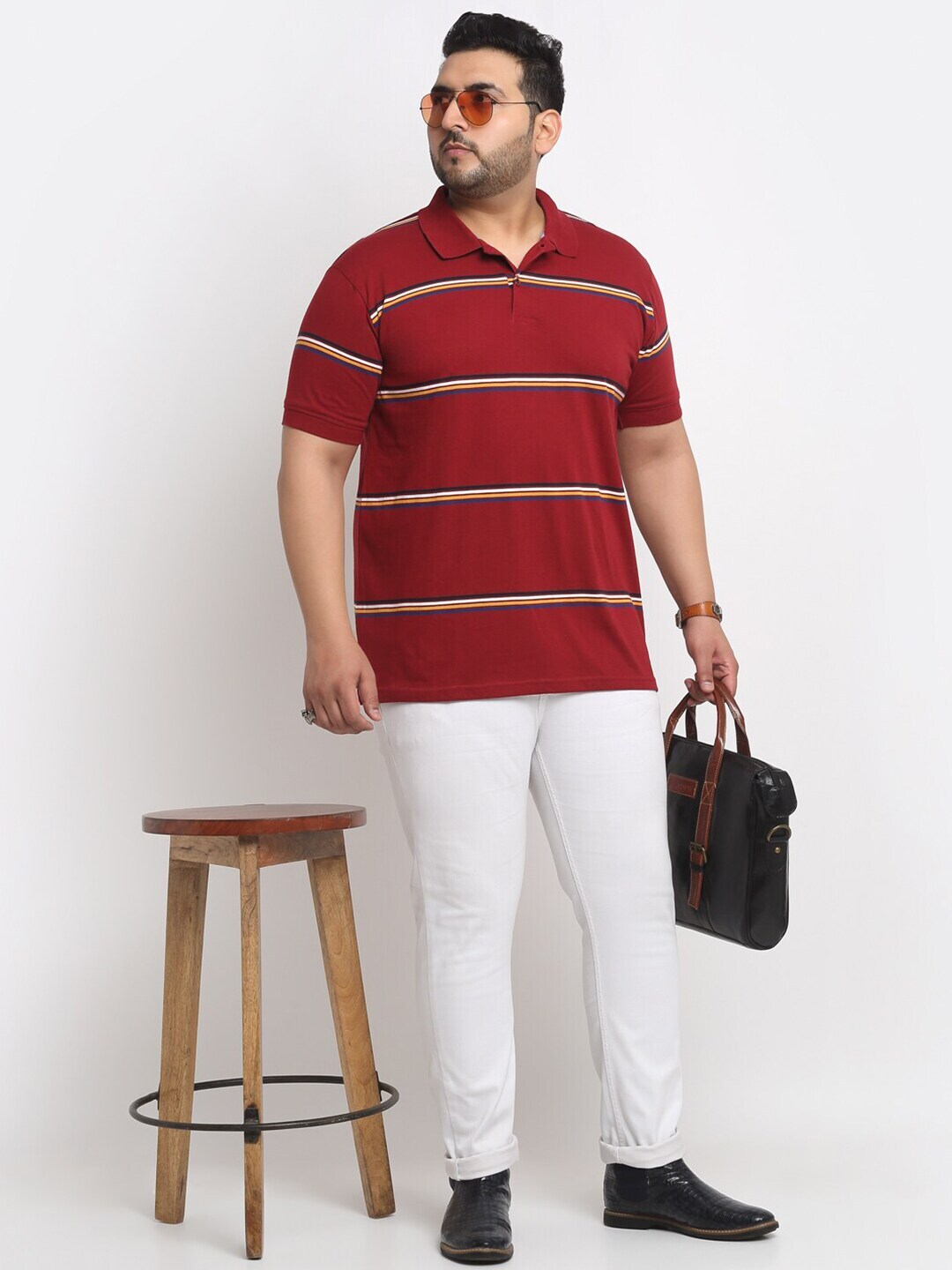 plusS Red Striped Polo Collar Cotton T-Shirt